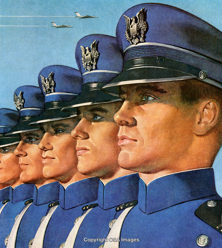 Row of Uniformed Officers in Blue Hats With Airplanes Above