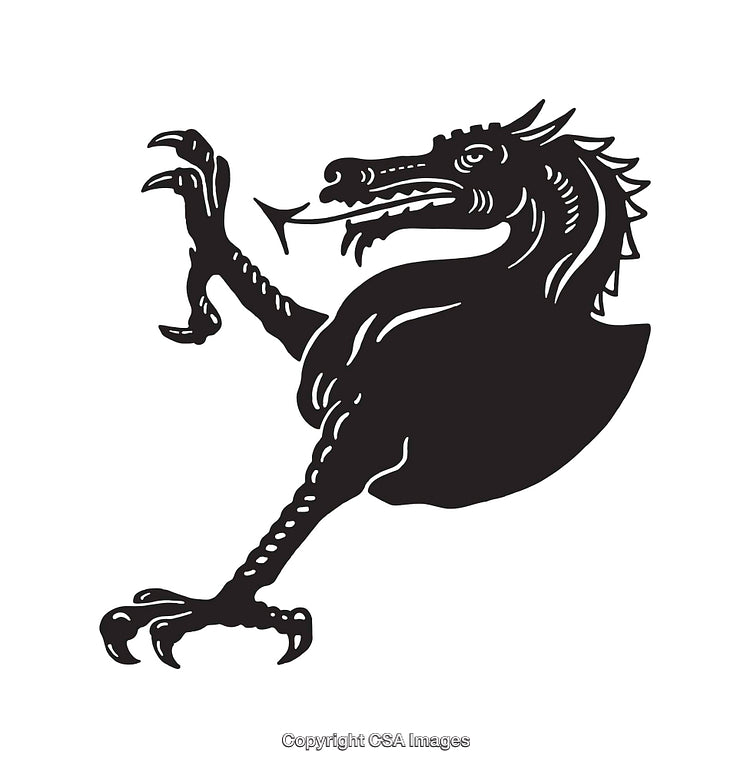 Black and White Line Art of a Heraldic Dragon Design