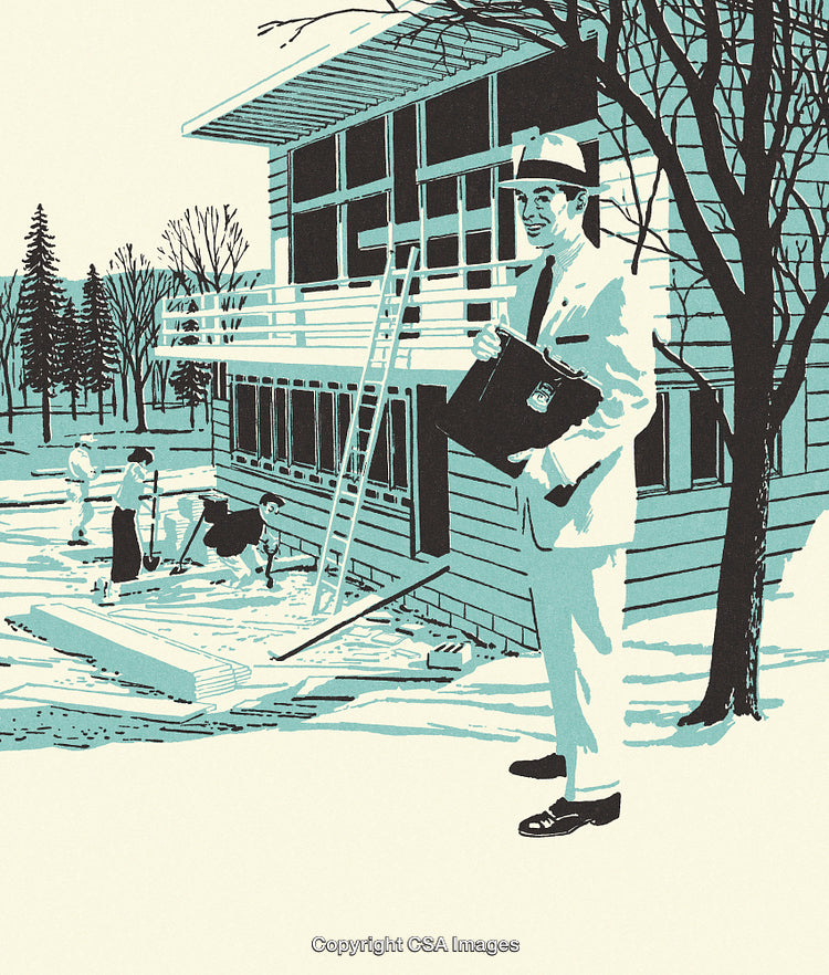 Mid-Century Illustration of Professional in Suit Near Construction Site