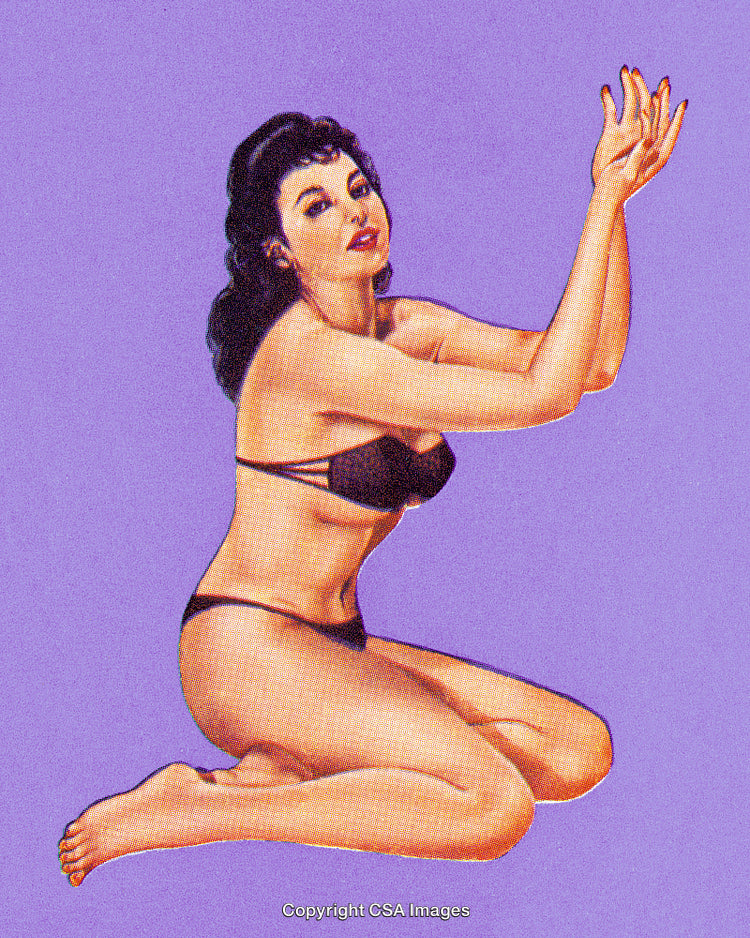 Vintage Illustration of a Woman in a Classic Pin-Up Pose on Purple Background
