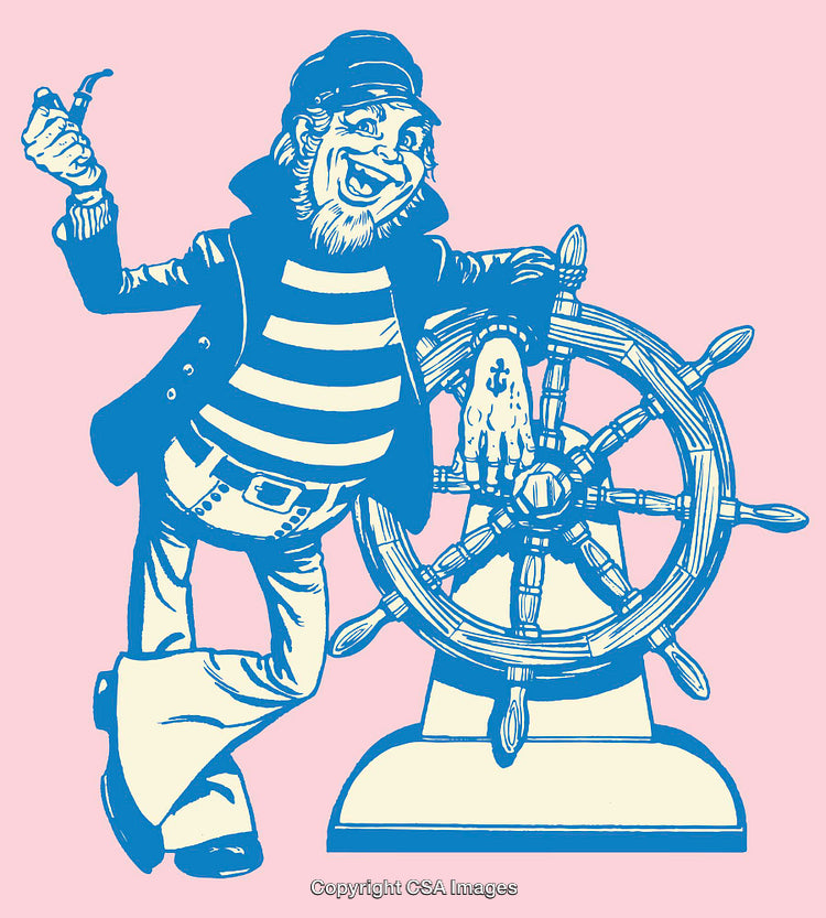 Vintage Cartoon Sailor With Steering Wheel in Nautical Coastline Setting