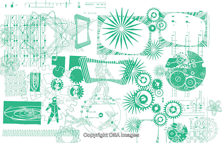 Abstract Green Geometric Shapes and Patterns with Technological Motifs