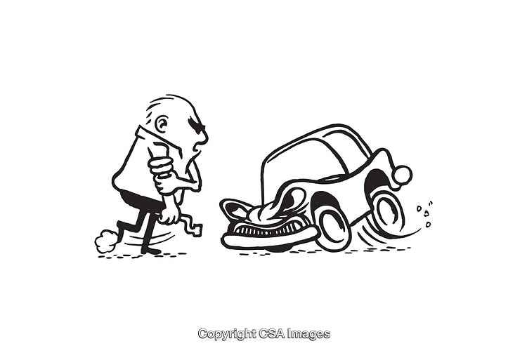 Cartoon Illustration of Frustrated Man and Crashed Car in Black and White