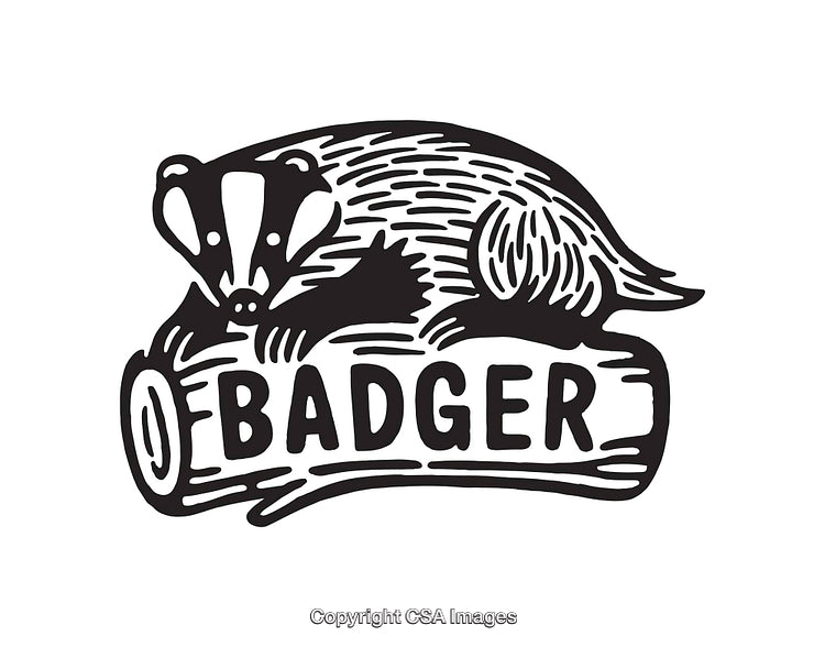 Black and White Badger Illustration Sitting on a Wooden Log with Custom Text