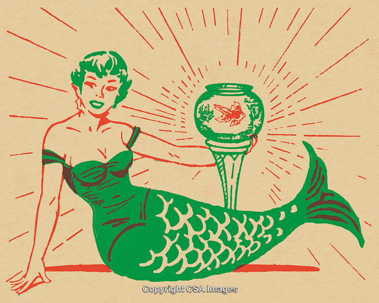 Vintage Stylized Mermaid Illustration With Bowl and Decorative Design Accents