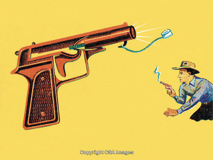 Surreal Illustration of Oversized Pistol and Miniature Cowboy Gunfight