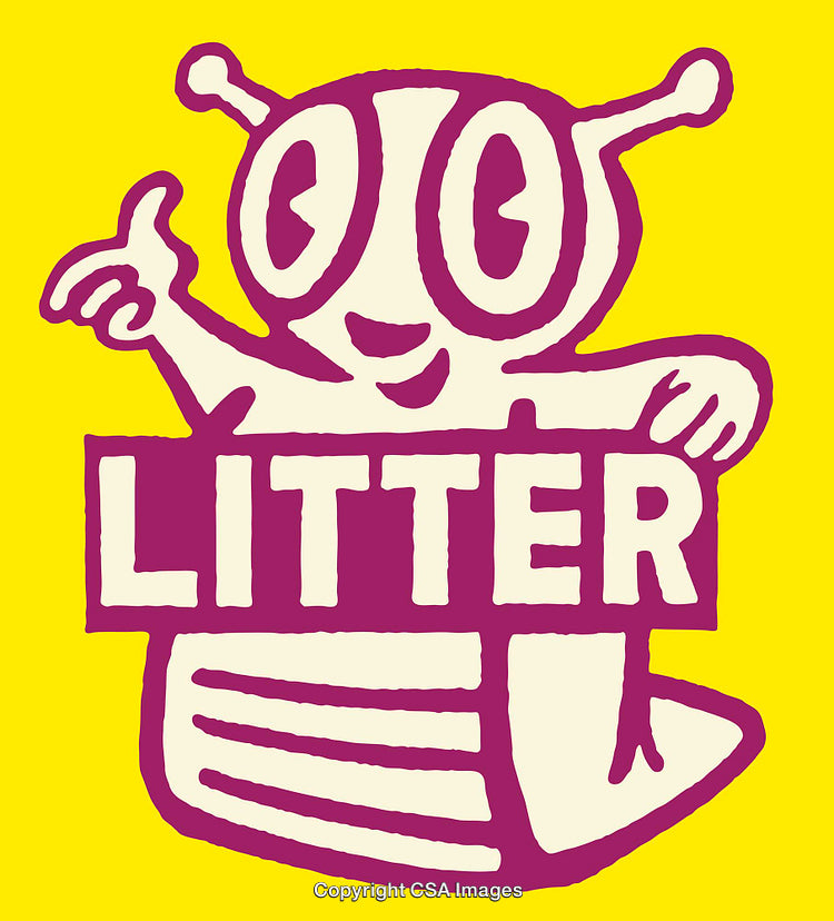 Colorful Cartoon Illustration of Alien with Litter Text on Yellow Background