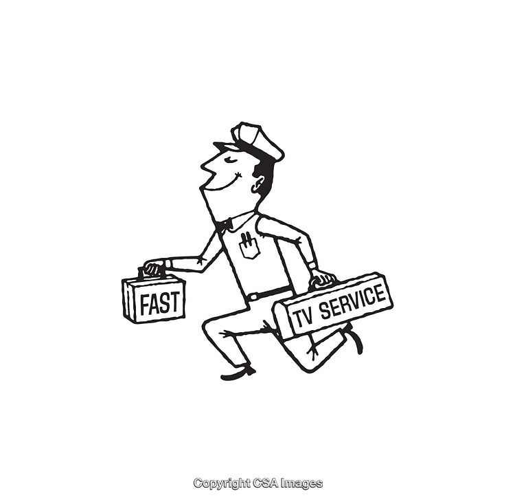 Vintage Line Art of a Television Service Repairman with Toolkits
