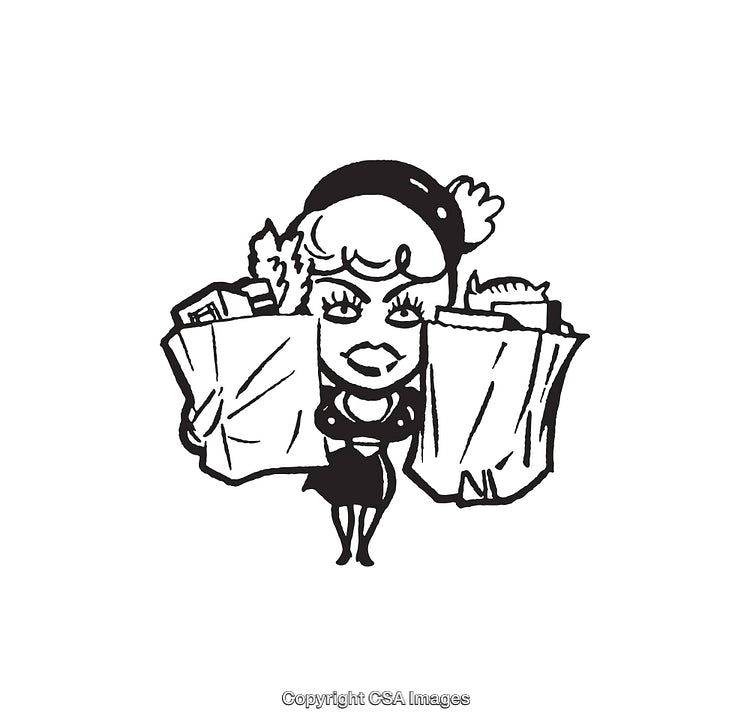 Female Character Shopping With Bags in Retro Style Line Art Illustration