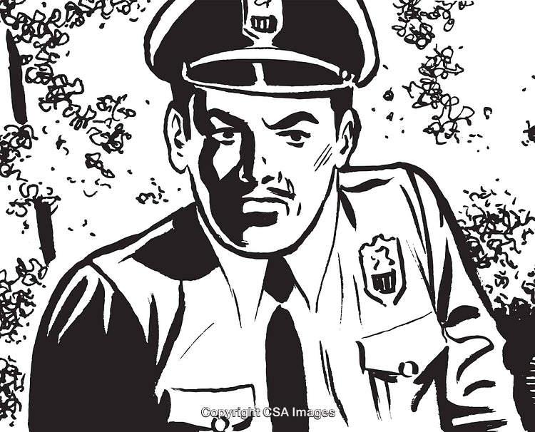 Monochrome Illustration of a Policeman in Uniform with a Serious Expression