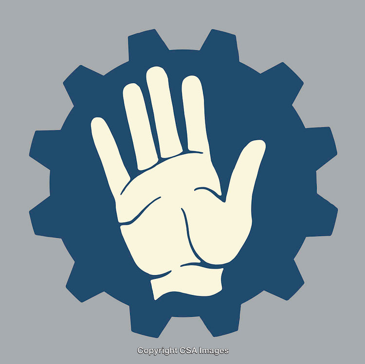 Hand Symbol Surrounded by Gear Shape on Plain Background