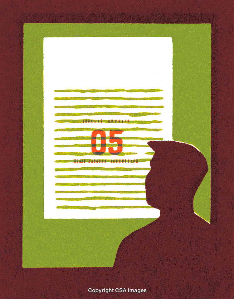 Silhouette of Person Observing a Document with Green and Red Highlights