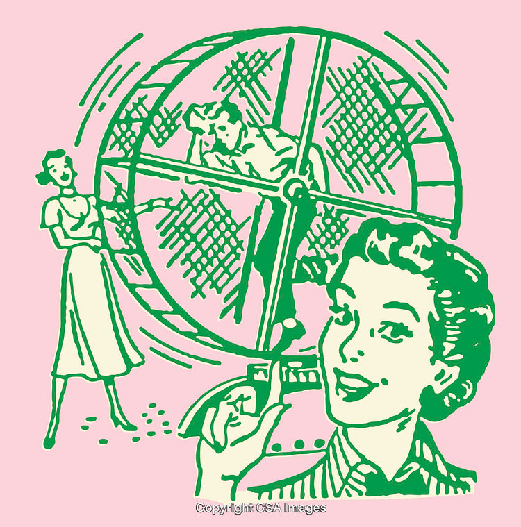 Retro Line Art Featuring a Humorous Hamster Wheel Cartoon Concept