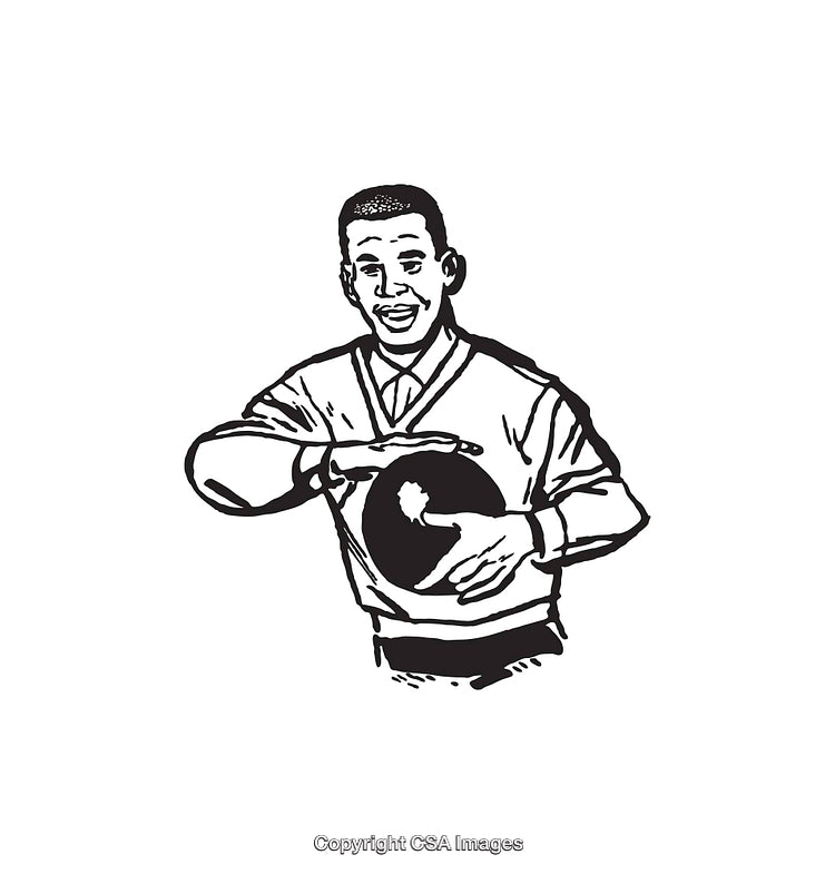 Black and White Illustration of a Smiling Man Holding a Ball