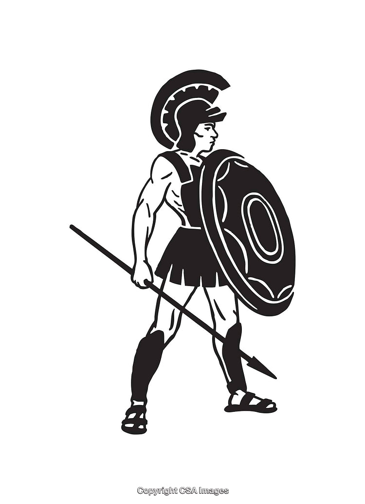 Black and White Line Art of a Spartan Warrior Holding Spear and Shield