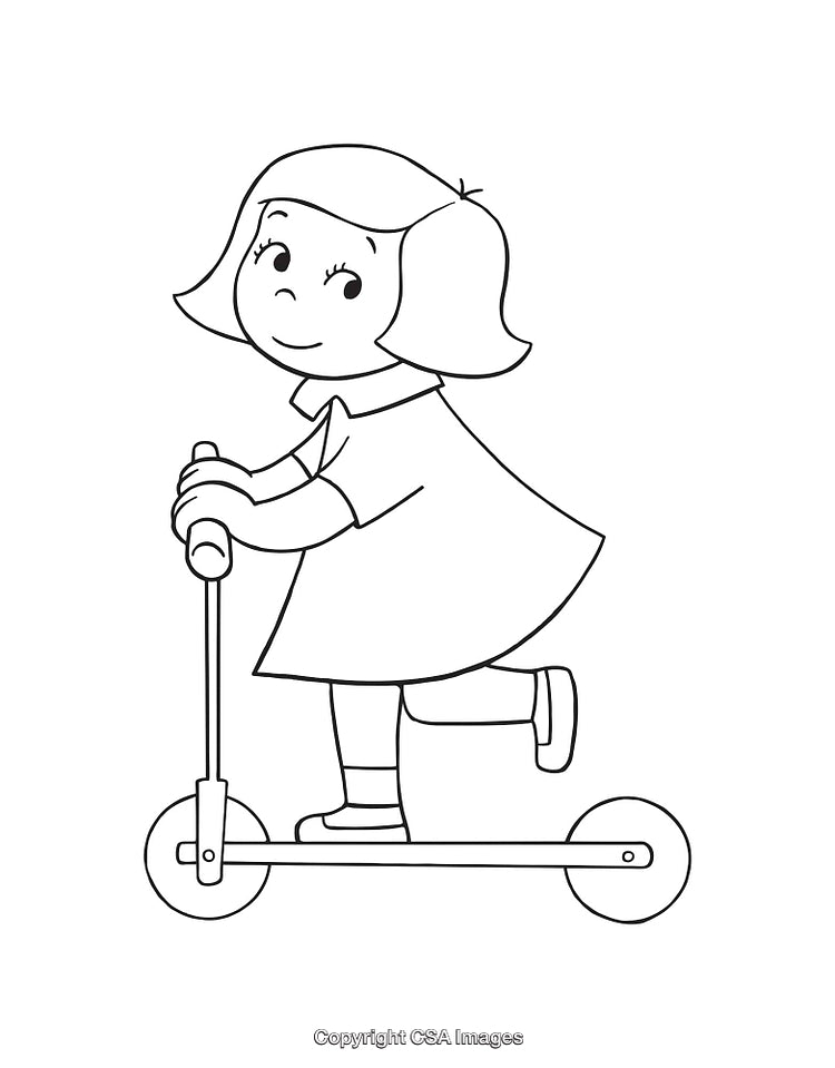 Black and White Line Art of a Child Riding a Scooter