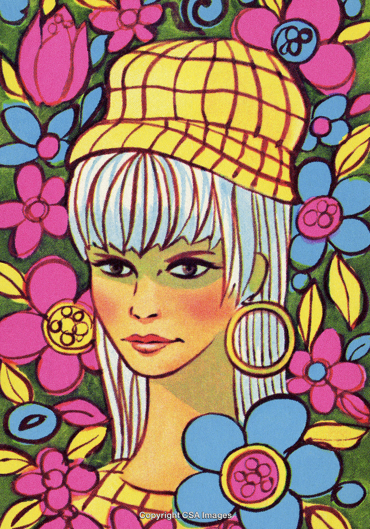 Colorful Retro Illustration of a Woman Surrounded by Floral Elements