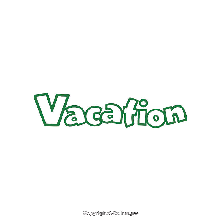 Stylized Green Text Reading Vacation in a Fun Font on White Background