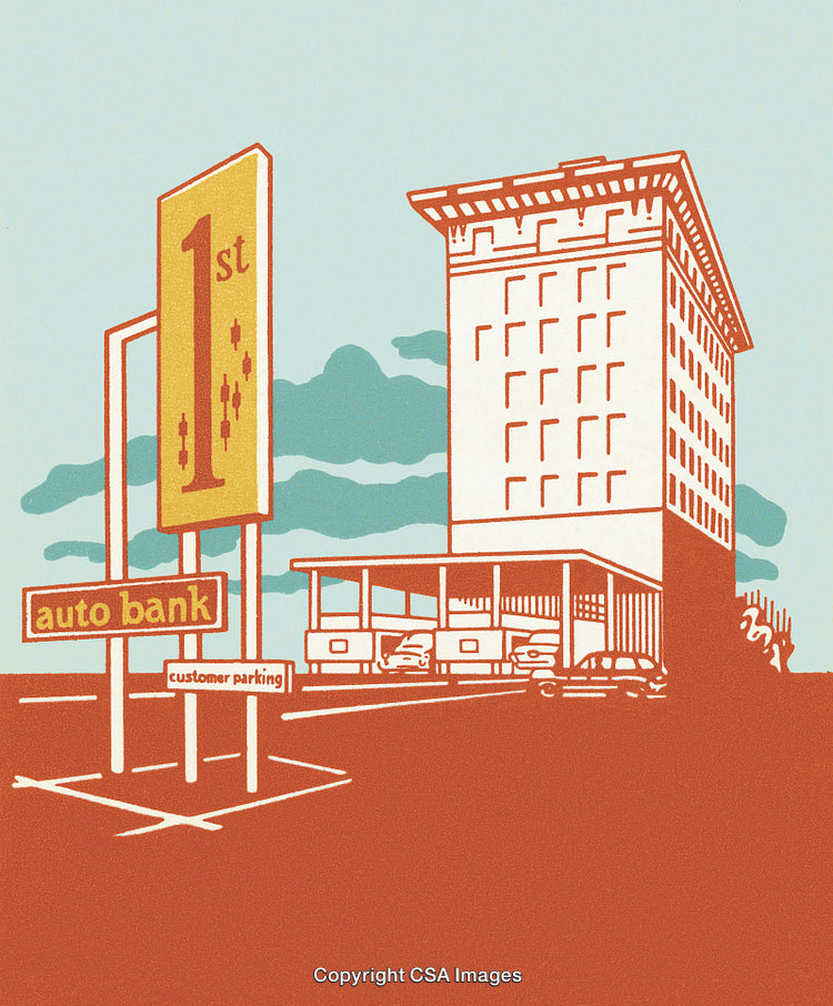 Retro Illustration of a Mid-Century Bank Building with Cars and Advertisement Signs
