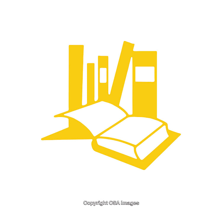 Yellow Icon of Open Books and Shelves Symbolizing Knowledge and Learning