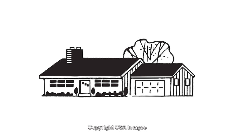 Black and White Illustration of a House with Trees and Garage