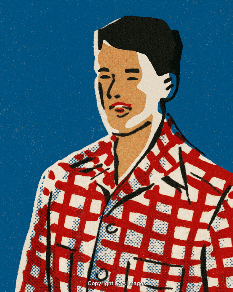 Illustrated Man in Red Checkered Shirt Against Blue Background