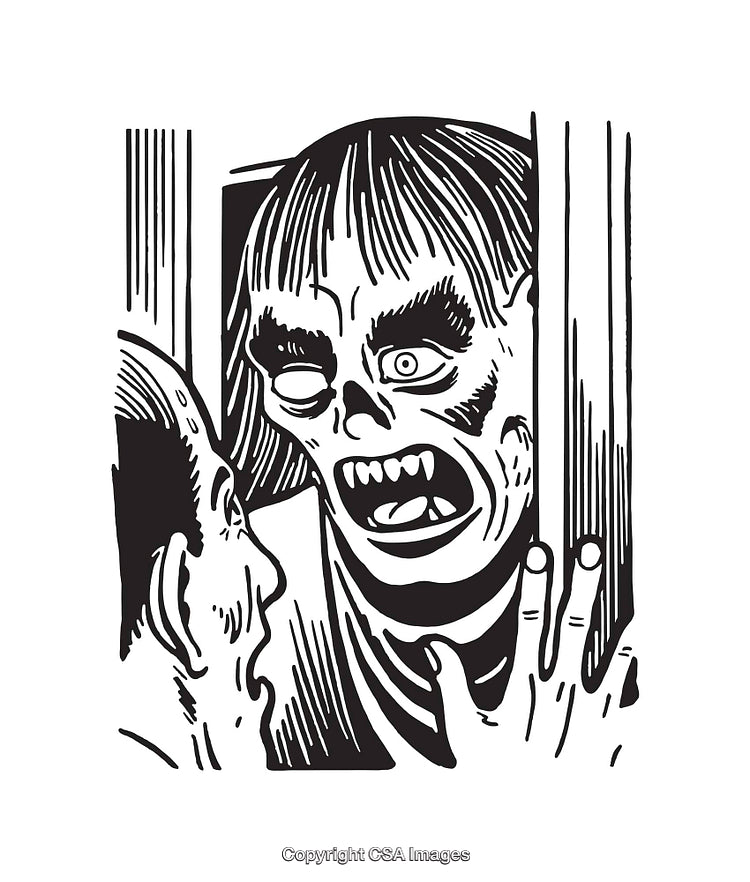 Black and White Illustration of a Horror-Themed Creepy Monster Face