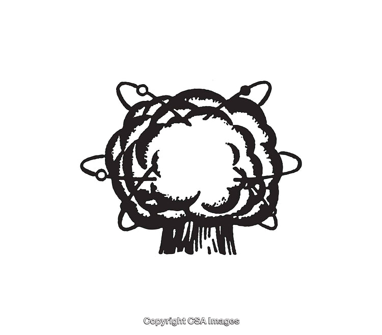 Atomic Explosion Depiction in Monochrome Line Art Style With Electrons