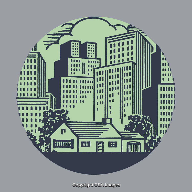 Stylized Illustration of a House with Towering Urban Skyscrapers in Background