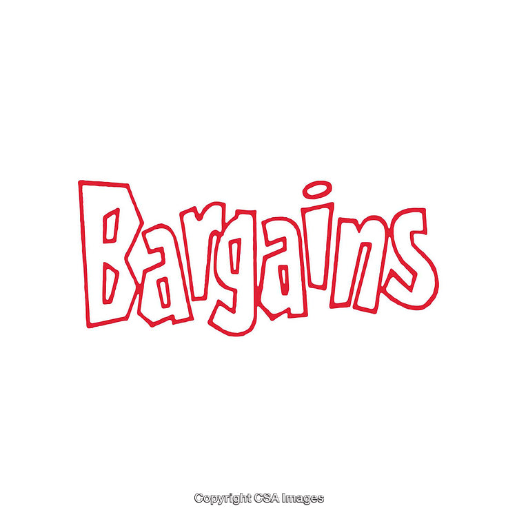 Graphic Text Depicting 'Bargains' in Bold Red Letters on White Background