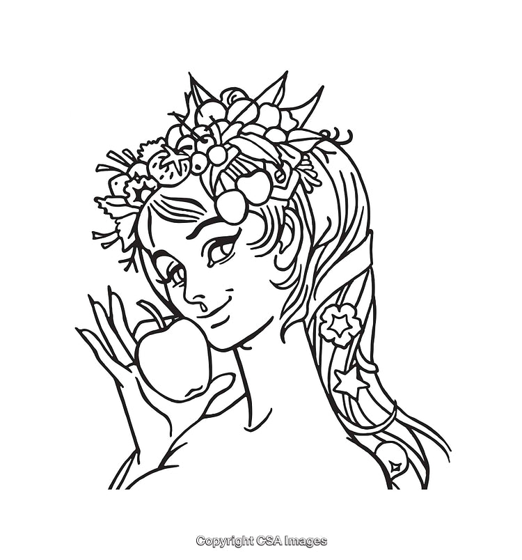 Woman with Floral Hair Style Holding an Apple in Line Art Illustration