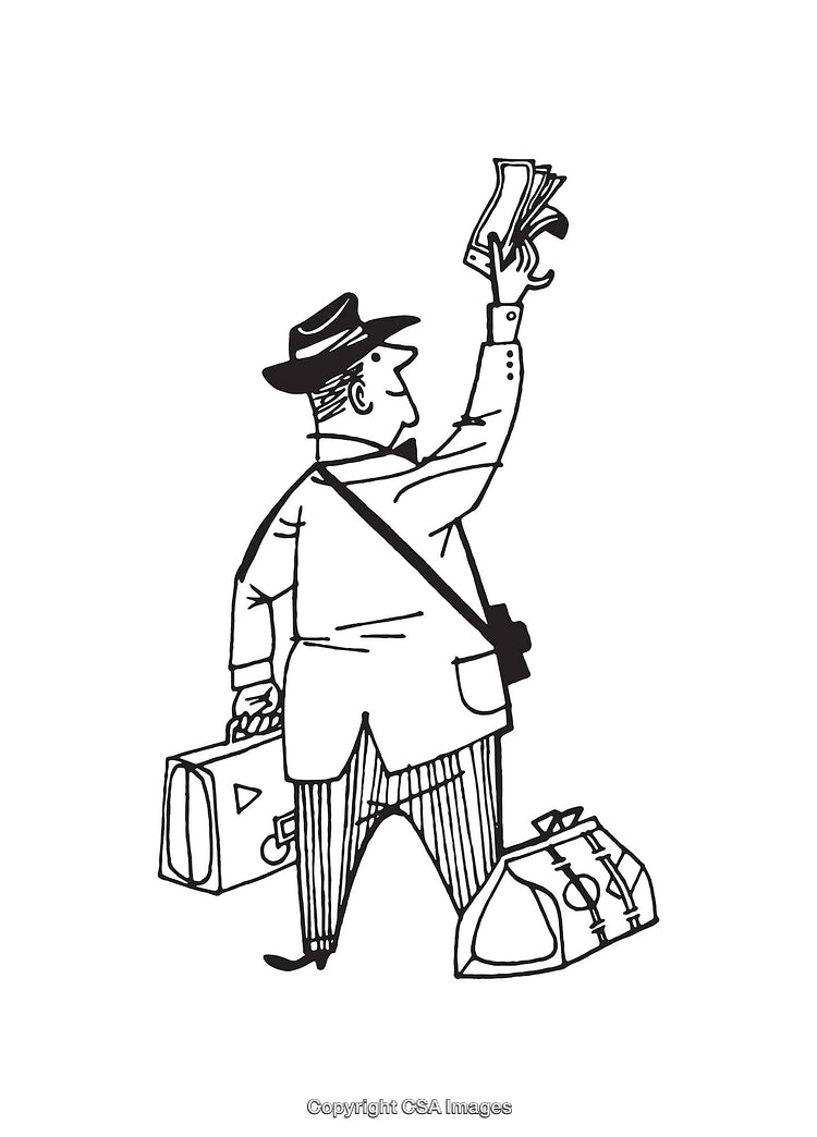 Black and White Drawing of a Traveler Holding Money and Bags