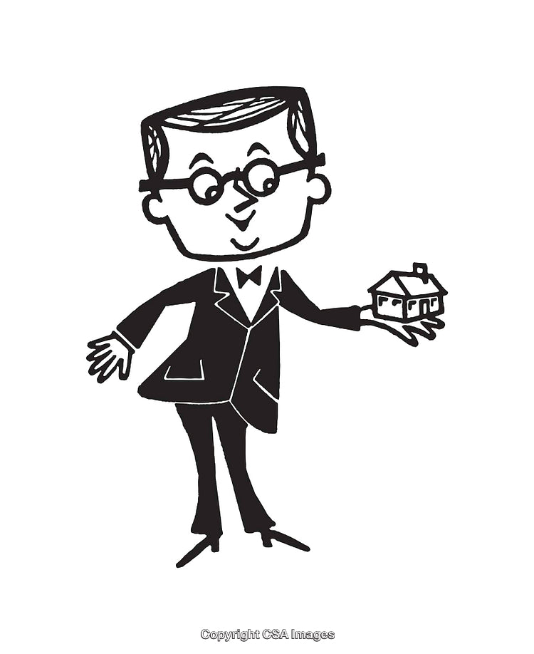 Cartoon Character Holding Small House in Black and White Line Art