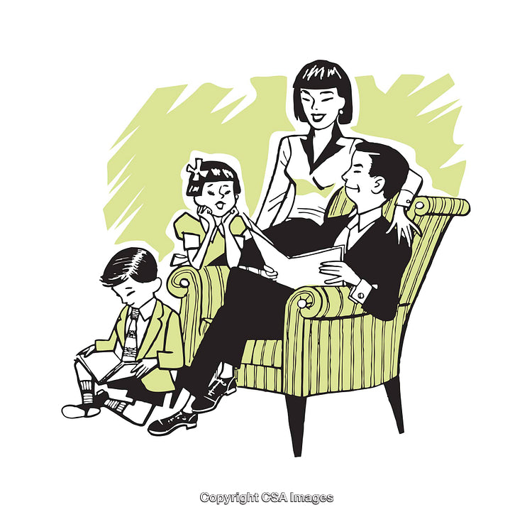 Vintage Illustration of a Family Reading Together in Retro Style