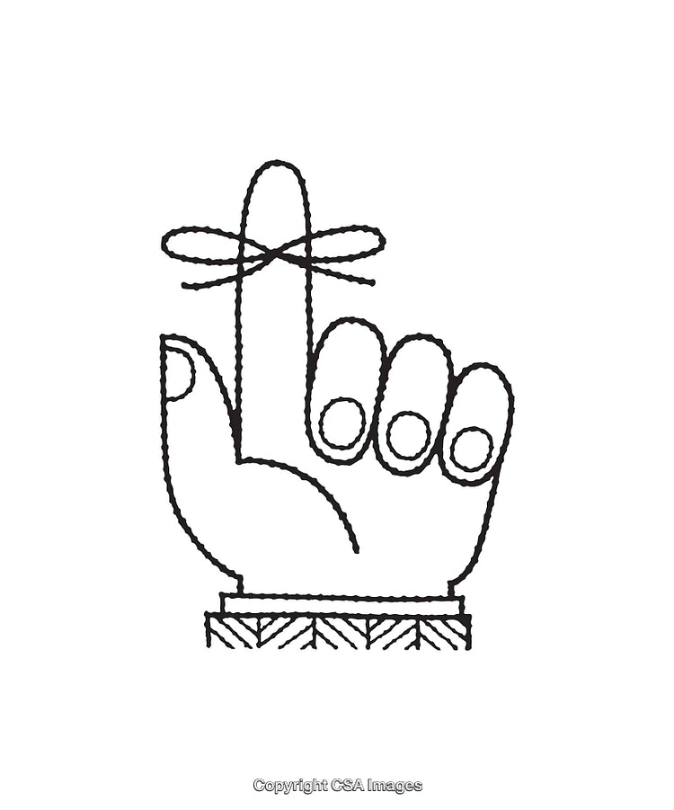 Black and White Line Illustration of Hand with a Reminder Ribbon