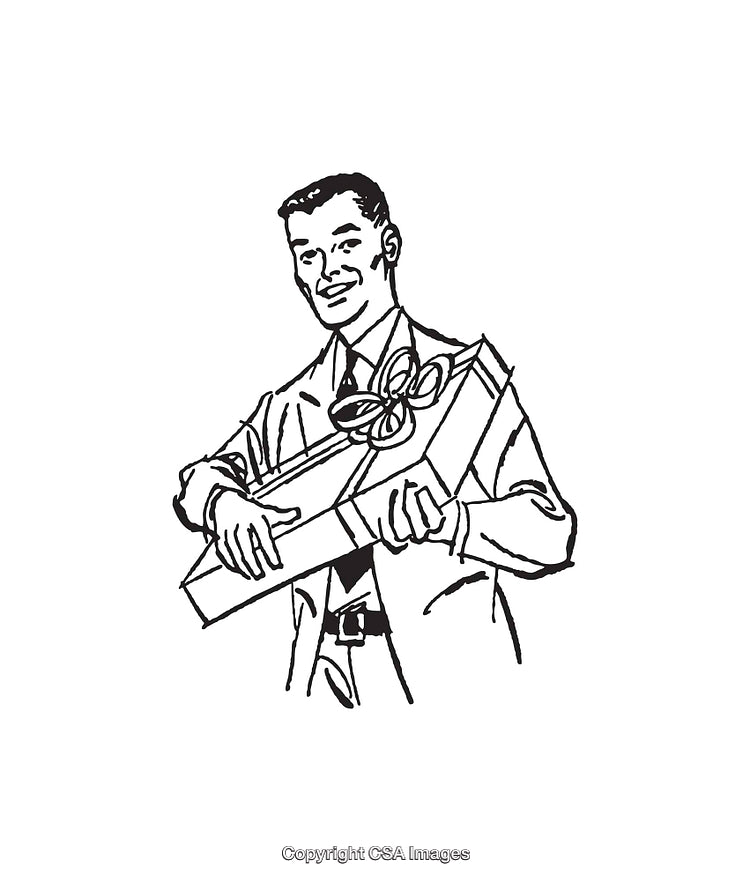Retro Black and White Drawing of Man Holding Wrapped Gift