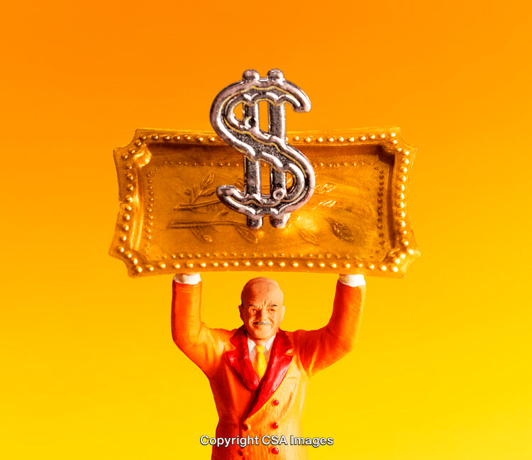 Mannequin Holding Symbolic Tray With Dollar Sign on Orange Background