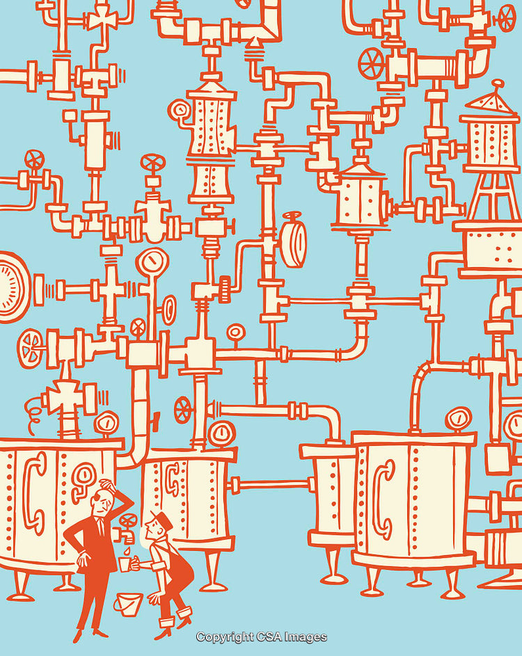 Industrial Line Art of Machinery and Workers in a Factory Setting