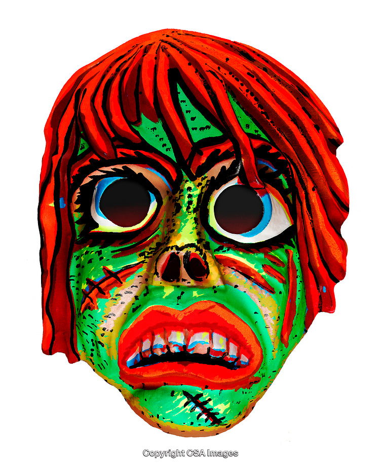 Vivid Green Zombie Mask with Bright Red Hair and Expressionistic Details