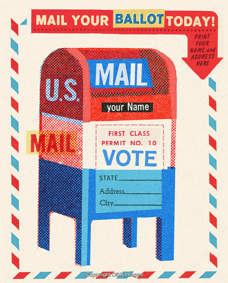 Retro Illustration Promoting Mail-In Ballot Submission for Voting Participation