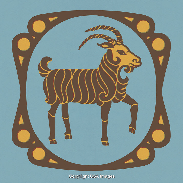 Decorative Goat Illustration with Ornate Border on Blue Background