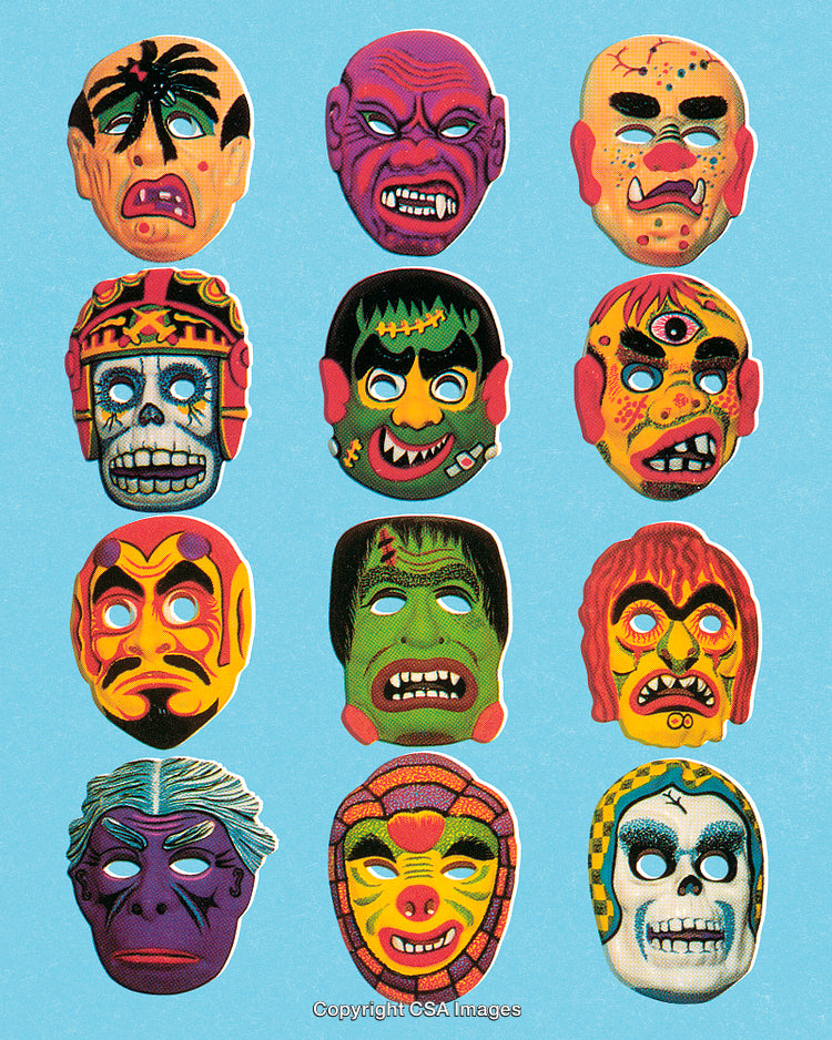 A Collection of Colorful Stylized Masks on a Blue Background