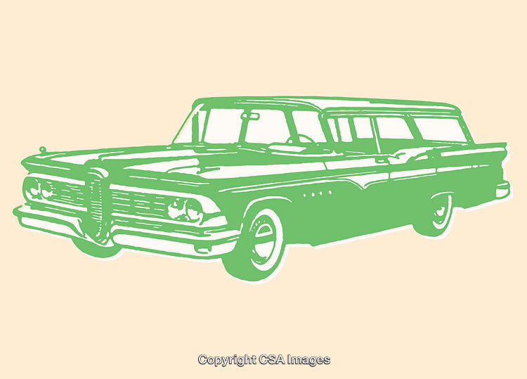 Vintage Green Station Wagon in Retro Line Art Style