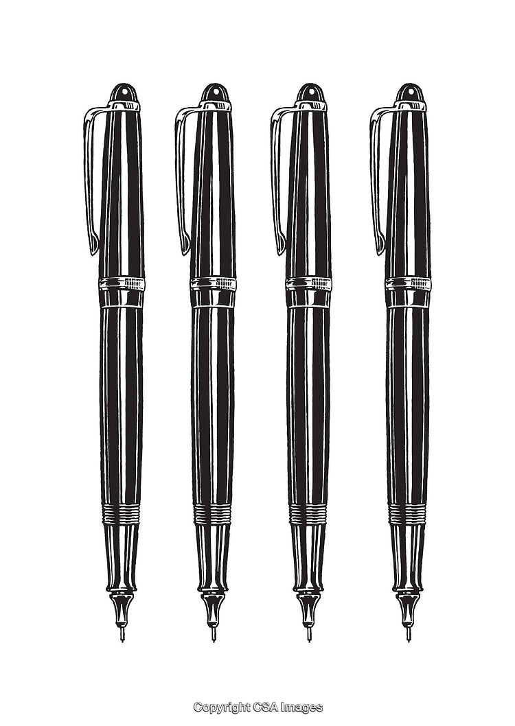 Set of Fountain Pen Illustrations in Black and White Line Art Style