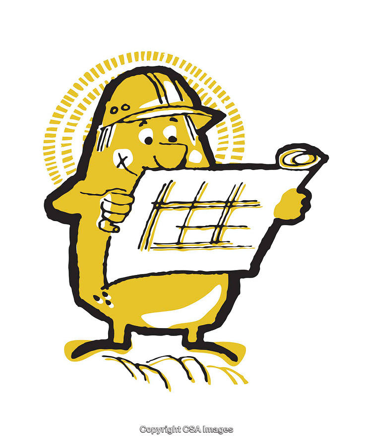 Cartoon Construction Worker Reviewing a Blueprint Illustration in Vector Style