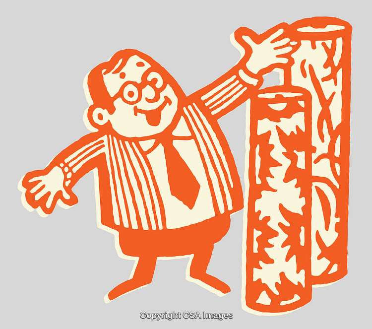 Cheerful Businessman Showing Rolled Products in Vintage Line Art Illustration