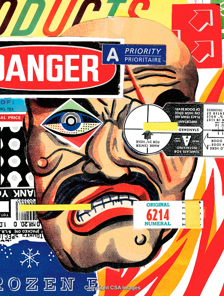 Vibrant Collage of Surreal Facial Features and Bold Typography Elements