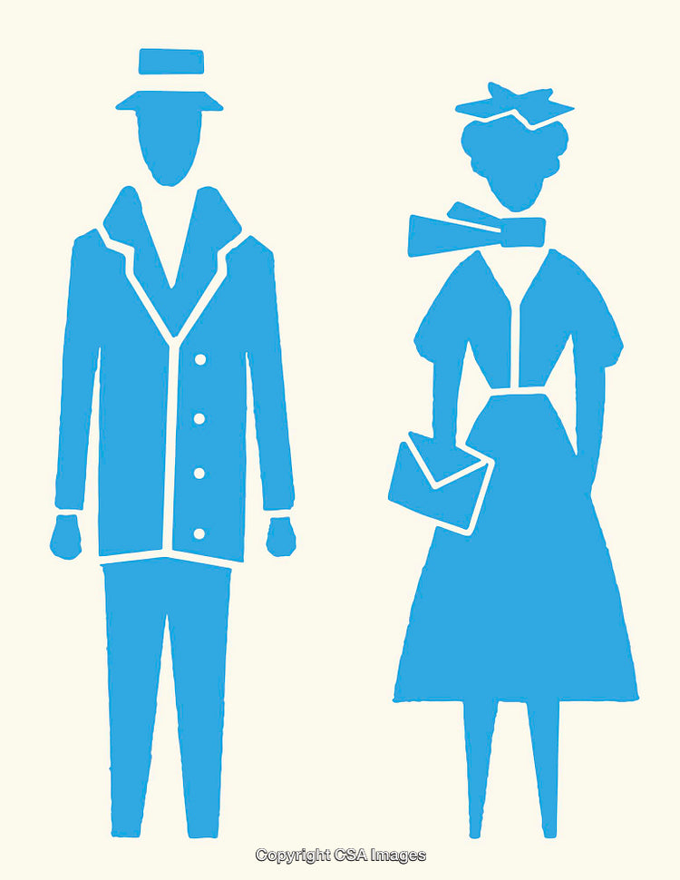 Blue Line Art Figures of a Man and Woman in Classic Outfits