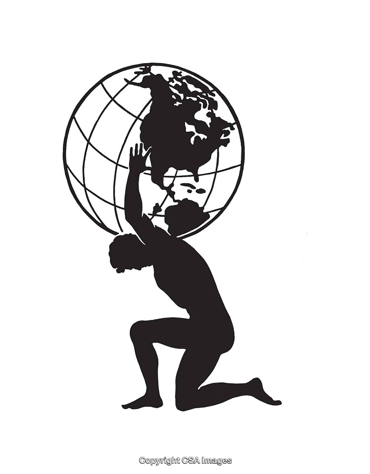 Atlas Silhouette Holding the Globe in Black and White Line Art