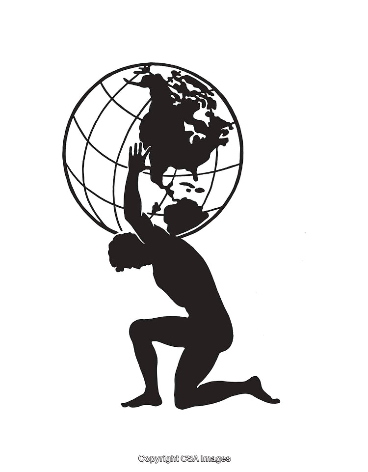 Atlas Silhouette Holding the Globe in Black and White Line Art
